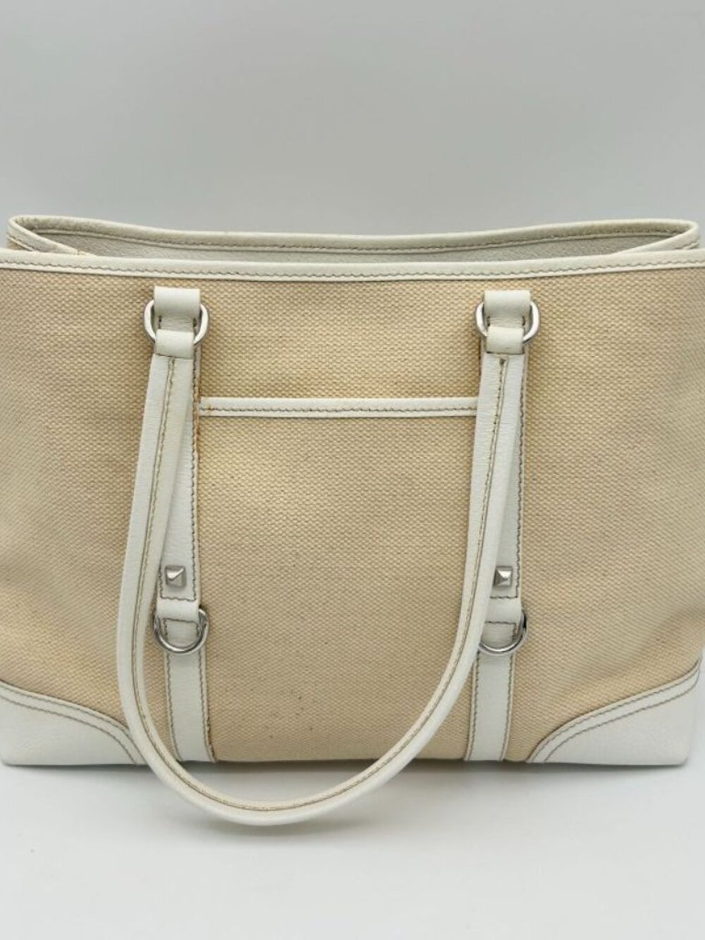 Prada Tote Shoulder Triangle Plate Logo Canvas Leather Beige - Picture 3 of 16